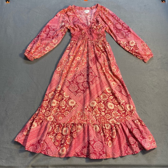 Japna Dresses & Skirts - Japna Women’s pink & white Floral long sleeve Maxi Dress, Ruffle hem, V-neck, S